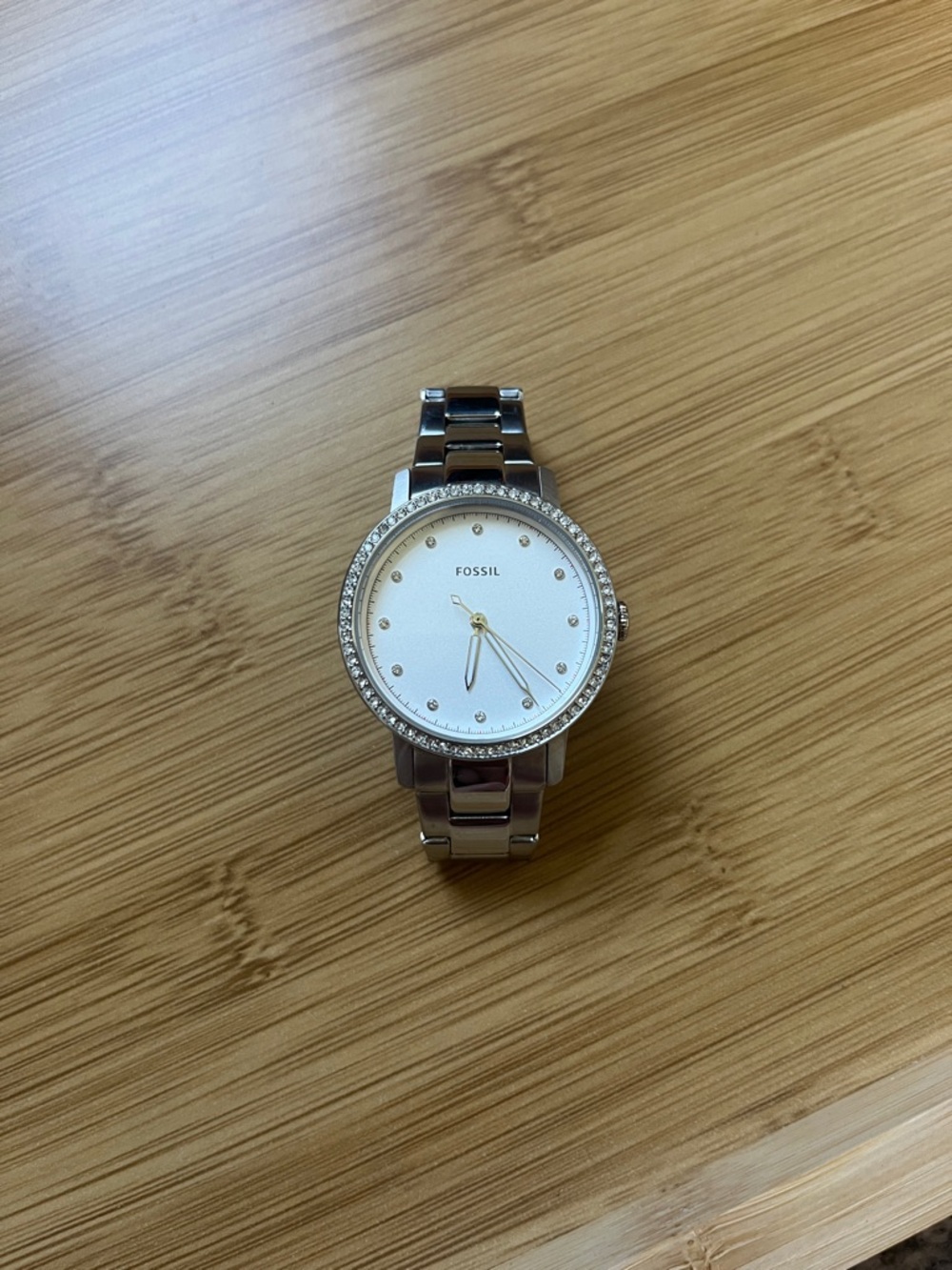Fossil Silver Stainless Steel Crystal-Trim Watch with White Dial